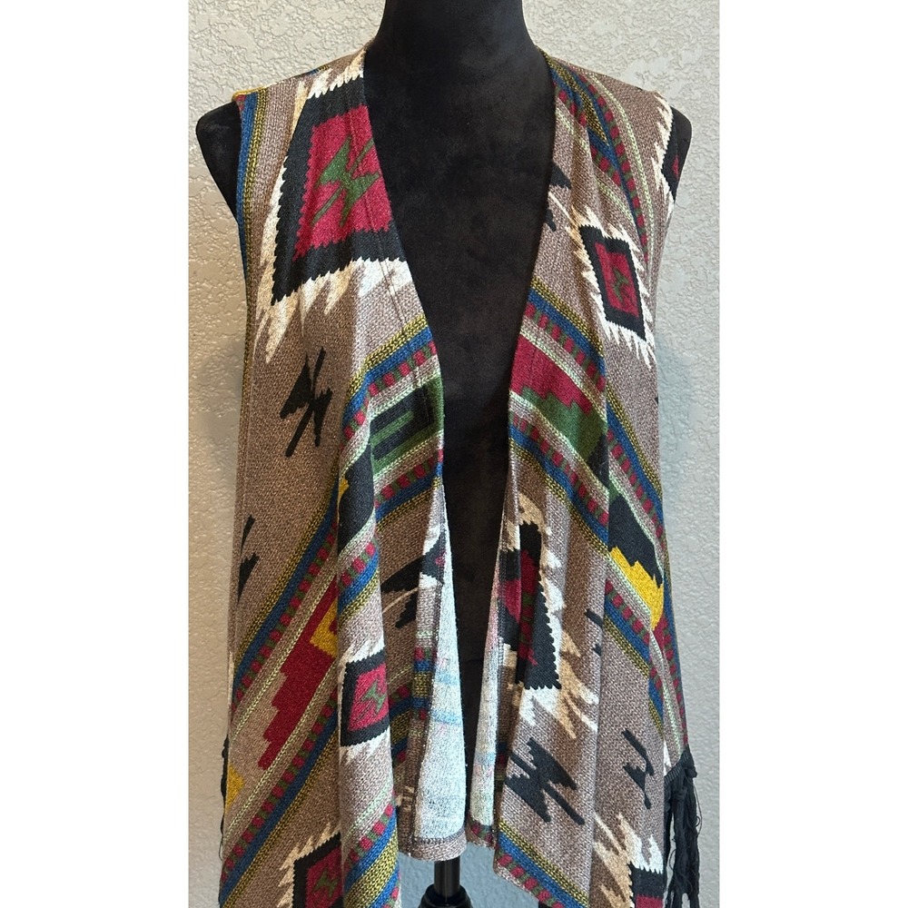 Le Lis Womens Southwestern Geometric Fringe Open Front M Vest Hippie Boho - Picture 5 of 13